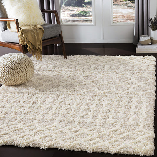 Beige Moroccan Shag Area Rug - 4'3" x 5'7" Plush Power Loomed - Cozy, Stain-Resistant for Living Room & Bedroom