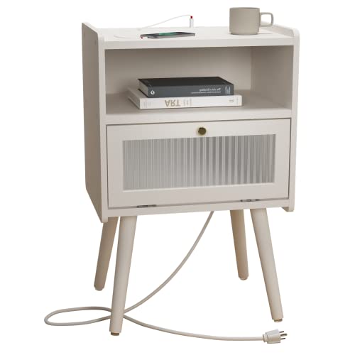 Nightstand with Charging Station and Glass Door - 2-Tier Bedside Table for Bedroom & Living Room