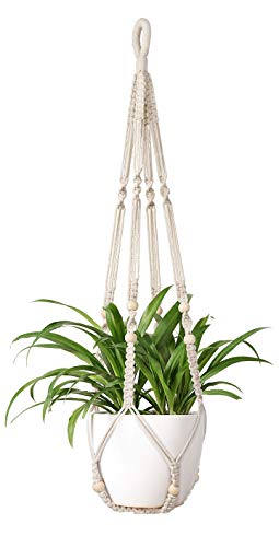 Boho Macrame Plant Hanger - 35" Indoor Hanging Planter Basket with Wood Beads, No Tassels, for Indoor and Outdoor Home Decor, Ivory (Pots Not Included)