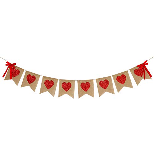 Burlap Heart Banner Garland | Red Glitter Heart | Valentine's Day Decorations| Rustic Valentines Decor | Valentines Burlap Banner | Wedding Anniversary Birthday Party Decorations Supplies