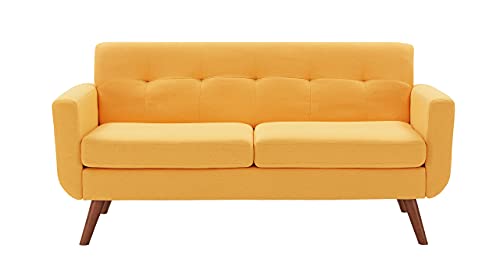 Tbfit 65" W Loveseat Sofa, Mid Century Modern Love Seat Sofas and Couches for Living Room, Button Tufted Upholstered Small Couch for Bedroom, Solid and Easy to Install Love Seats Furniture, Yellow
