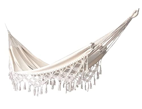 Xuanmuque Double Sized Boho Macrame Cream Hammock with Elegant Tassels and Fishtail Knitting 485Lbs Includes Tie Ropes and White Drawstring Bag for Women