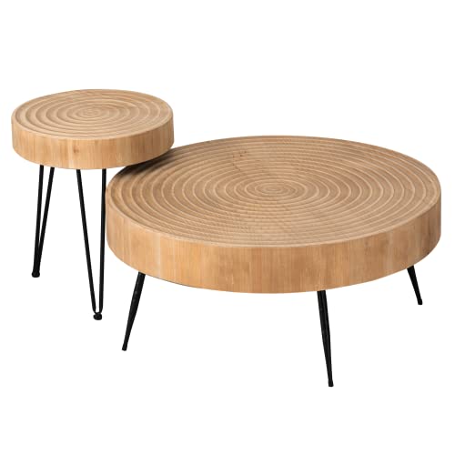 Boho Round Farmhouse Coffee Table Set - 2-Piece Nesting Tables with Handcrafted Wood Ring Motif