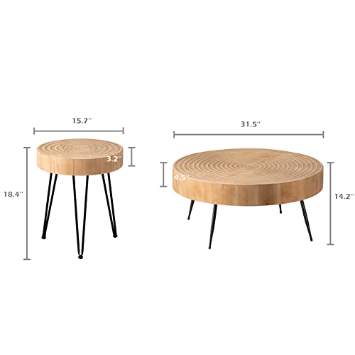 Boho Round Farmhouse Coffee Table Set - 2-Piece Nesting Tables with Handcrafted Wood Ring Motif