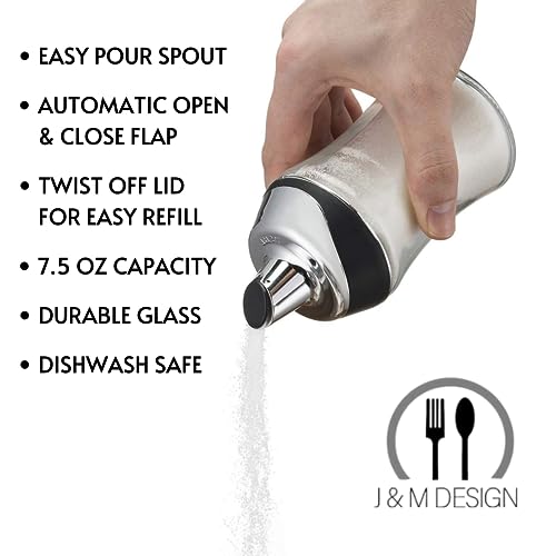 J&M DESIGN Sugar Dispenser & Shaker For Creamer, Coffee Bar Accessories, Tea Essentials Organizer & Baking with Pour Spout Lid for Easy Spoon Measuring Pouring - 7.5oz Glass Jar Holder Container Bowl