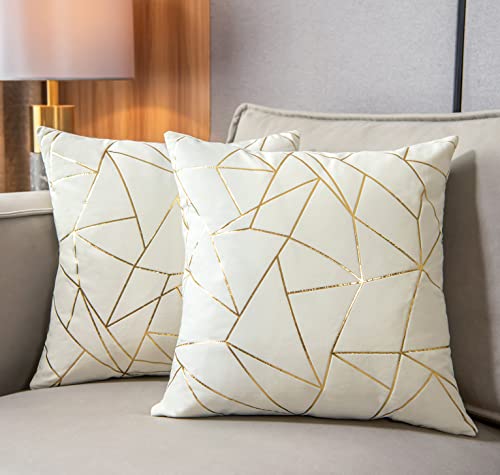 YONGLIU Set of 2 Velvet Cushion Cases Decorative Gold Foil Geometric Pattern Ultra-Soft Square Throw Pillow Covers for Modern Homes Couch Sofa Bedroom Living Room Car Chair(Off White, 20"X20")