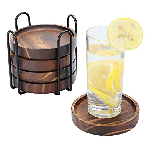 Wooden Coasters for Drinks - Natural Wood Drink Coasters Set with Holder for Modern Home Decor,Coasters for Coffee Table Tabletop Protection for Any Table Type, Set of 5-4.3Inches
