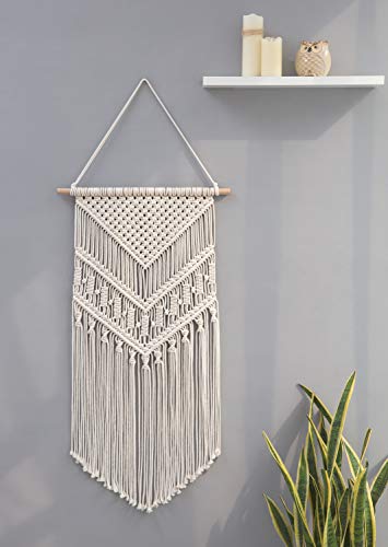 Boho Macrame Wall Hanging Art - Geometric Yarn Tapestry for Bedroom, Nursery, Apartment Décor, 17" W x 33" L
