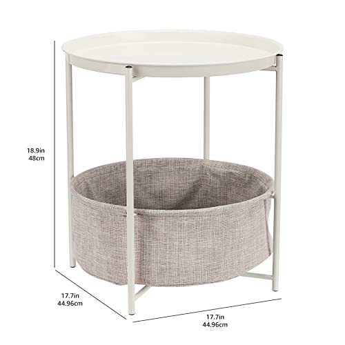 Amazon Basics Round Storage End Table, Side Table with Cloth Basket, White/Heather Gray, 17.7 in x 17.7 in x 18.9 in