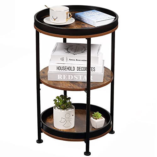 Boho Round End Table with 3 Storage Shelves - Industrial Rustic Brown Side Table for Living Room, Bedroom, Small Spaces