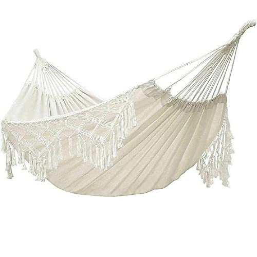 Xuanmuque Double Sized Boho Macrame Cream Hammock with Elegant Tassels and Fishtail Knitting 485Lbs Includes Tie Ropes and White Drawstring Bag for Women