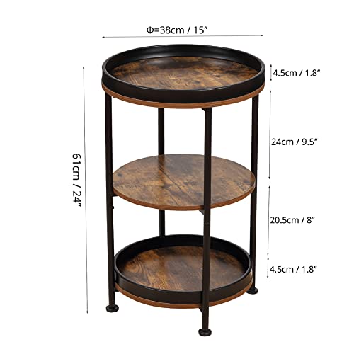 Dulcii Side Table, Round End Table with 3 Storage Shelves for Living Room, Bedroom, Nightstand with Steel Frame for Small Spaces, Industrial Round Sofa Table, Outdoor Accent Coffee Table, Rustic Brown