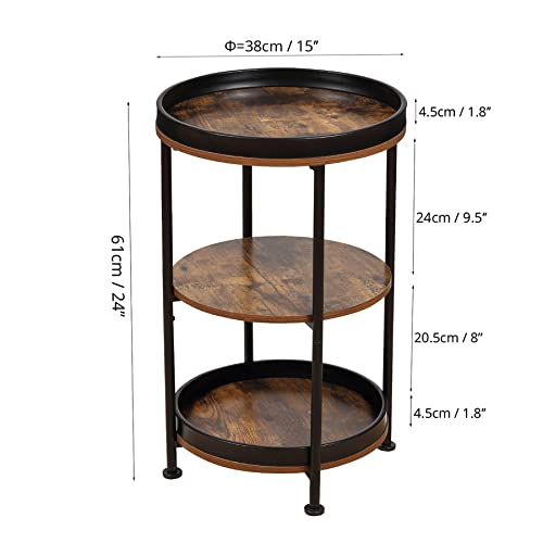Boho Round End Table with 3 Storage Shelves - Industrial Rustic Brown Side Table for Living Room, Bedroom, Small Spaces