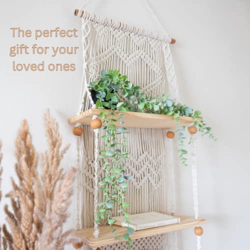 Boho Macrame Wall Hanging Shelf - 3 Tier Woven Rope Plant Hanger, Pine Wood Floating Shelves for Kitchen, Bathroom, Home Decor and Storage