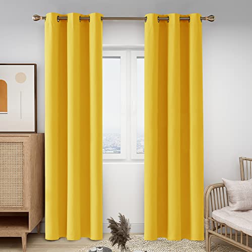 Deconovo Yellow Blackout Curtains for Living Room, Soundproof Thermal Insulated Room Darkening Window Curtains, 42x72 in, Mustard Yellow