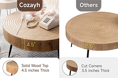 COZAYH 2-Piece Modern Farmhouse Living Room Coffee Table Set, Nesting Table Round Natural Finish with Handcrafted Wood Ring Motif, Wood Colour