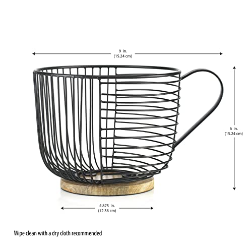 Coffee Pod Holder - Large Capacity Black Wire Kup Storage with Wooden Base - Modern Coffee Basket Decor for Kitchen Countertop for Pods & Espresso Capsules