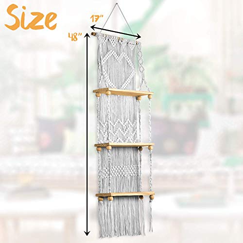 Boho Macrame Wall Hanging Shelf - 3 Tier Woven Rope Plant Hanger, Pine Wood Floating Shelves for Kitchen, Bathroom, Home Decor and Storage