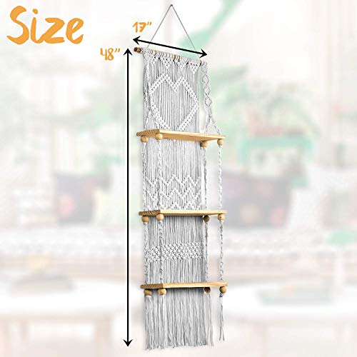 SnugLife Macrame Wall Hanging Shelf - 3 Tier Wall Plant Hanger Shelves with Handmade Woven Rope - Boho Shelves Organizer Hanger for Kitchen, Bathroom, Home Storage, Floating Plant Shelf (Pine Wood)