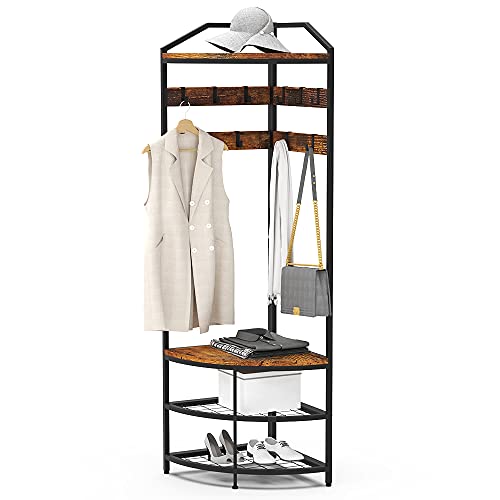 GiftGo Corner Hall Tree with Shoe Bench Entryway Coat Rack with 10 Metal Movable Hooks Freestanding Clothes Rack Shoes Shelf Organizer for Home Office Bedroom (Rustic Brown)