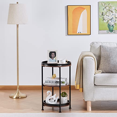 Boho Round End Table with 3 Storage Shelves - Industrial Rustic Brown Side Table for Living Room, Bedroom, Small Spaces