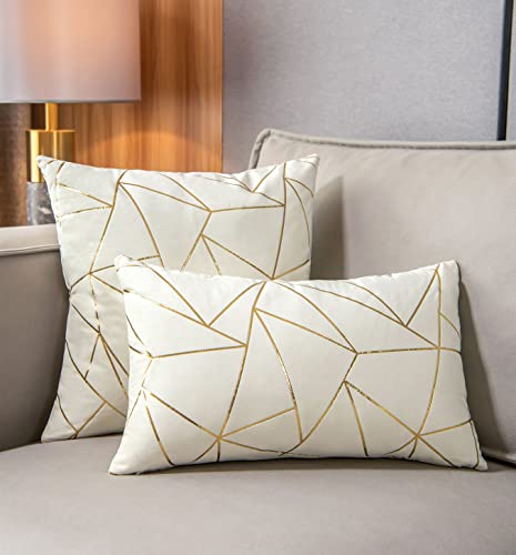 YONGLIU Set of 2 Velvet Cushion Cases Decorative Gold Foil Geometric Pattern Ultra-Soft Square Throw Pillow Covers for Modern Homes Couch Sofa Bedroom Living Room Car Chair(Off White, 20"X20")