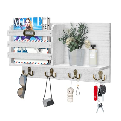 Wall Mounted Mail Holder with Key Hooks - Rustic Wood Mail Sorter for Entryway, Kitchen, Office