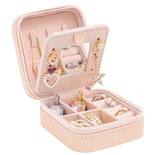 KElofoN Travel jewelry case Travel jewelry box Travel Jewelry Organizer Jewelry holder organizer Small Jewelry Organizer Box Gift for Girls Women with Mirror Christmas gift（Pink）