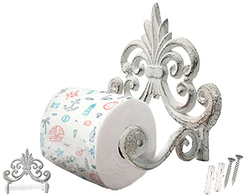 Decorative Cast Iron Fleur De Lis Toilet Paper Roll Holder - Wall Mounted, Antique White, Vintage Rustic Design - Bathroom Accessory with Easy Installation - Included Screws and Anchors