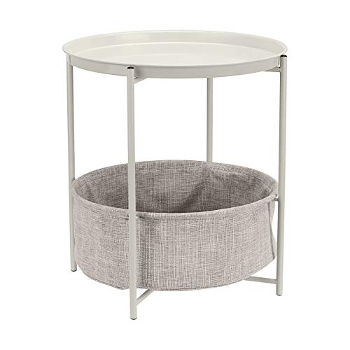 Amazon Basics Round Storage End Table, Side Table with Cloth Basket, White/Heather Gray, 17.7 in x 17.7 in x 18.9 in
