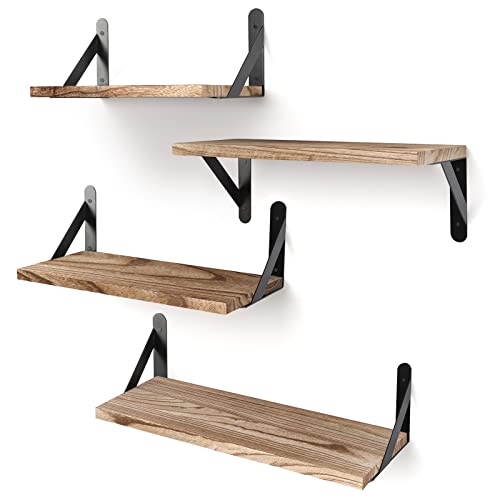 YGEOMER Floating Shelves, Rustic Wood Shelves, 4 Sets of Wall Mounted Shelf for Bathroom Decor, Bedroom, Living Room and Plants (Carbonized Black)