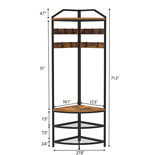 GiftGo Corner Hall Tree with Shoe Bench Entryway Coat Rack with 10 Metal Movable Hooks Freestanding Clothes Rack Shoes Shelf Organizer for Home Office Bedroom (Rustic Brown)