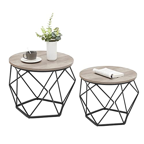 VASAGLE Small Coffee Table Set of 2, Round Coffee Table with Steel Frame, Side End Table for Living Room, Bedroom, Office, Greige and Black