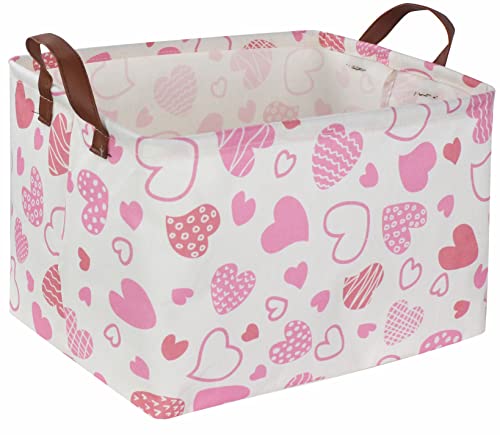 Essme Rectangular Pink Basket Gift Storage Box,Heart Storage Bins Organizer with Handles for Girls Room Decor, Valentine's Day Basket,Shelf Basket,Toy Organizer(Pink Heart)