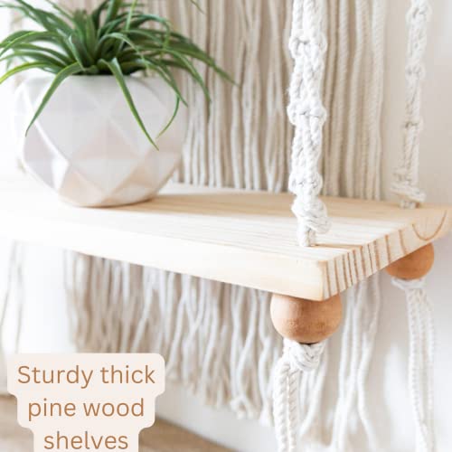 Boho Macrame Wall Hanging Shelf - 3 Tier Woven Rope Plant Hanger, Pine Wood Floating Shelves for Kitchen, Bathroom, Home Decor and Storage