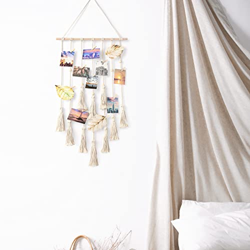Hanging Macrame Photo Display - Boho Wall Decor with 30 Wood Clips for Bedroom, Dorm, Home Office - Ivory