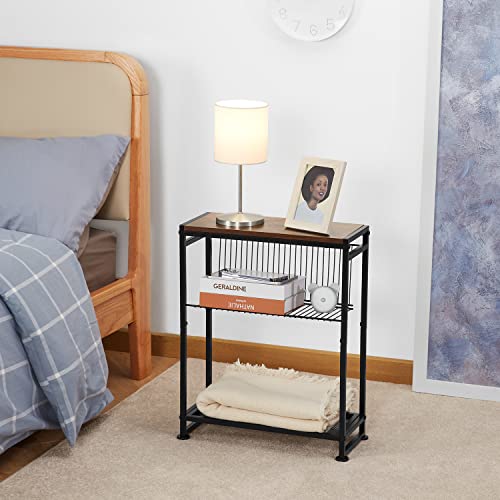 Small Side Table for Small Spaces - Slim End Table with Magazine Holder - 2 in 1 Design Narrow End Table Living Room - Skinny Bedside Table Nightstand Bedroom Thin Side Table, Rustic Brown