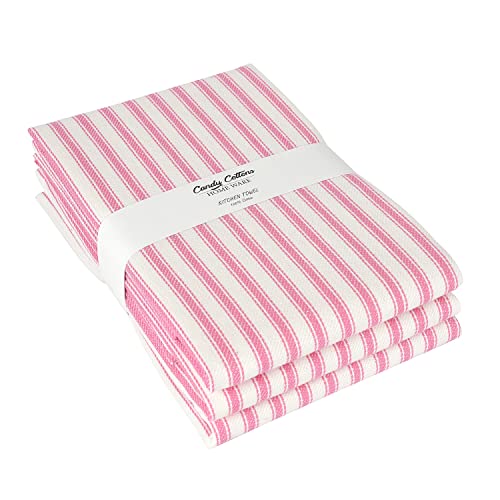 Boho Cotton Kitchen Towels - Set of 3 Dish Towels with Hanging Loop, 100% Cotton, French Stripe, Pink, 18x28 Inches - Perfect for Washing & Drying Dishes