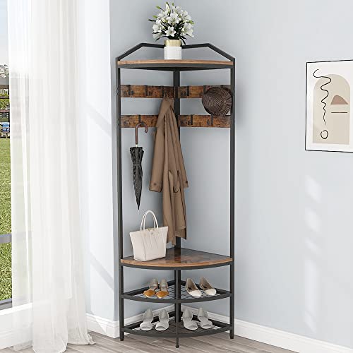 GiftGo Corner Hall Tree with Shoe Bench Entryway Coat Rack with 10 Metal Movable Hooks Freestanding Clothes Rack Shoes Shelf Organizer for Home Office Bedroom (Rustic Brown)