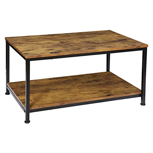 SUPER DEAL 2-Tier Industrial Coffee Table with Storage Shelf for Small Apartment Living Room, Rectangle Wood and Stable Metal TV Stand Side End Table, Retro Brown