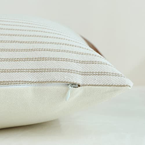 Throw Pillow Covers,Pillow Covers 18x18,Khaki Stripes Textured Cotton Faux Leather Stitching Square Farmhouse Pillow Covers Home Decorative for Sofa Couch Chair Bedroom Sets of 2