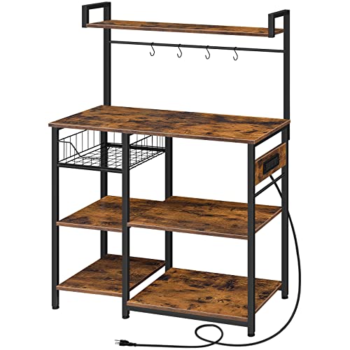 HOOBRO Kitchen Bakers Rack with Power Outlet, Coffee Bar, Microwave Oven Stand with Mesh Basket, Coffee Station with 4 S-Shaped Hook, Kitchen Shelf, for Kitchen, Living Room, Rustic Brown BF05HB01