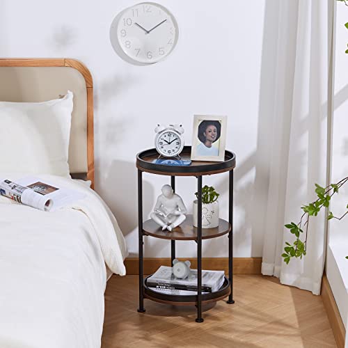Boho Round End Table with 3 Storage Shelves - Industrial Rustic Brown Side Table for Living Room, Bedroom, Small Spaces
