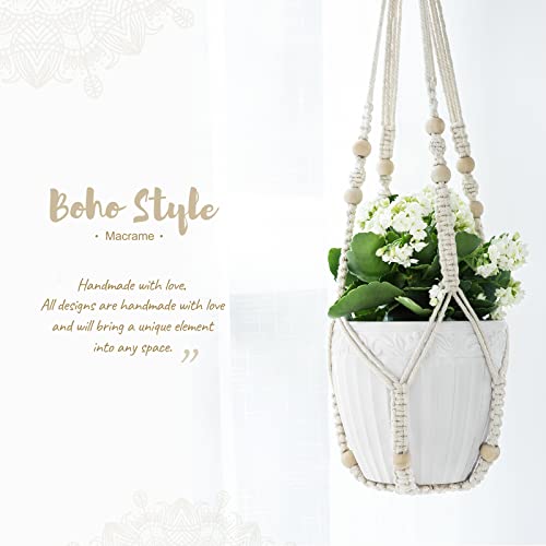Boho Macrame Plant Hangers, 3 Pack Indoor Planter Holders with Beads, No Tassels, Different Sizes (35"/29"/23"), Ivory