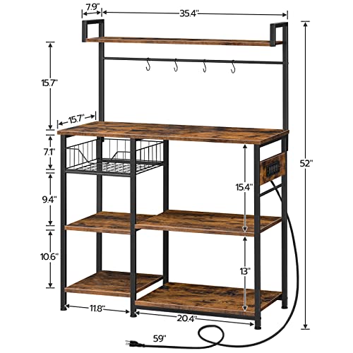 HOOBRO Kitchen Bakers Rack with Power Outlet, Coffee Bar, Microwave Oven Stand with Mesh Basket, Coffee Station with 4 S-Shaped Hook, Kitchen Shelf, for Kitchen, Living Room, Rustic Brown BF05HB01