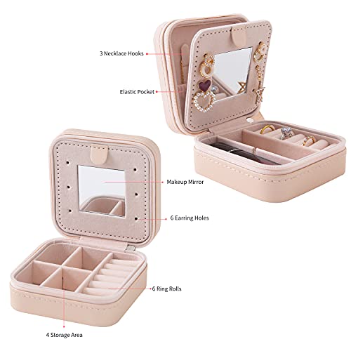 KElofoN Travel jewelry case Travel jewelry box Travel Jewelry Organizer Jewelry holder organizer Small Jewelry Organizer Box Gift for Girls Women with Mirror Christmas gift（Pink）