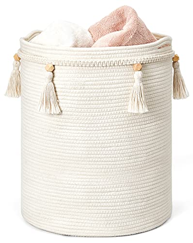 Boho Macrame Decorative Cotton Rope Basket - Tall Woven Organizer for Nursery, Baby Toys, Plants, and Home Decor - 15.7"x19.6" with Tassels