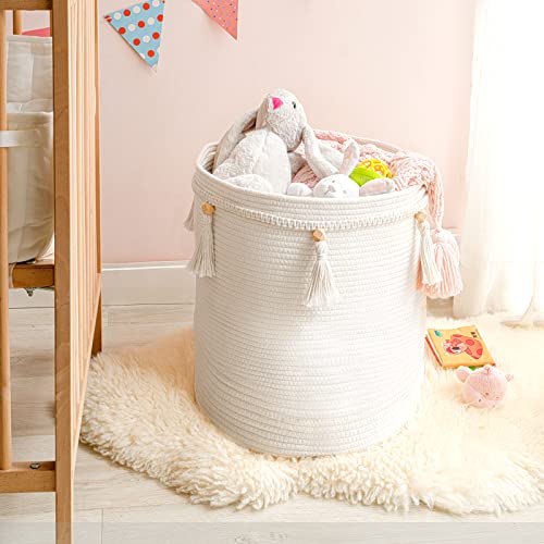 Mkono Macrame Decorative Cotton Rope Basket Boho Cute Woven Tassel Tall Basket Closet Storage Bins Organizer for Nursery,Baby Toys, Potted Plants Cover,Living Room,Bedroom Home Decor 15.7"x 19.6"