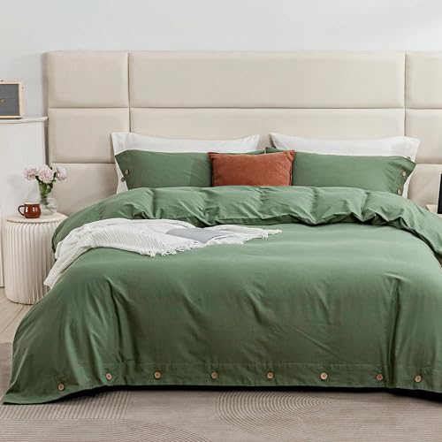 JELLYMONI Green 100% Washed Cotton Duvet Cover Set, 3 Pieces Luxury Soft Bedding Set with Buttons Closure. Solid Color Pattern Duvet Cover Queen Size(No Comforter)