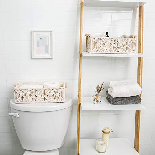 Set of 2 Boho Macrame Storage Baskets - Handmade Woven Decorative Boxes for Countertop, Toilet Tank, Shelf, and Cabinet Organization, Ivory